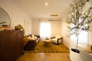 Room with white walls and light wood flooring. A dark wood cabient on the left wall with a brown leather couch, coffee table and white arm chair on top of a golden colored rug. White pot with olive tree sits on the right. 