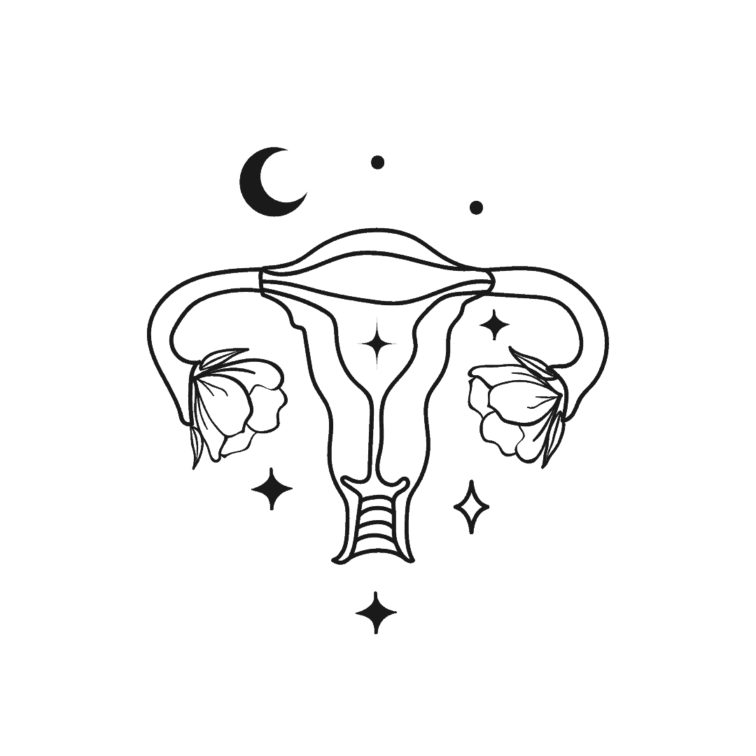 Black and white line drawing of uterus with flowers as fallopian tubes, some scattered stars and a crescent moon above.