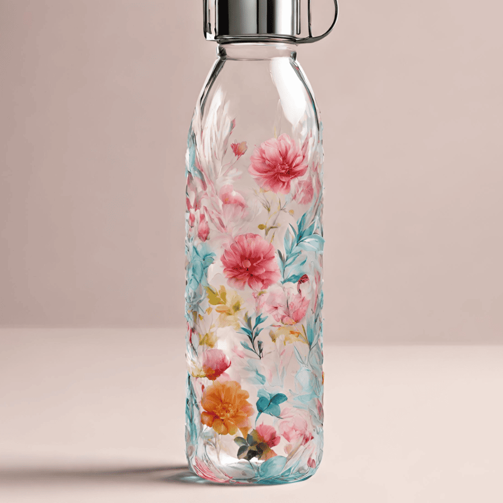 Clear glass water bottle with colorful floral design wrapping around sitting on peach colored backdrop