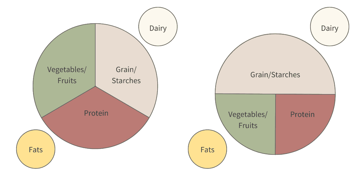 Two circles next to each other, representing the Plate by Plate Approach. One circle is the 33% plate with 1/3 of the plate being vegetables of fruit, another 1/3 being grains/starches and the last 1/3 being protein and fats. The plate next to this is the 50% plate where 1/2 of the plate is grain and starches, 1/4 is vegetables/fruits, 1/4 being protein. Both circles have fats and dairy around the plate.