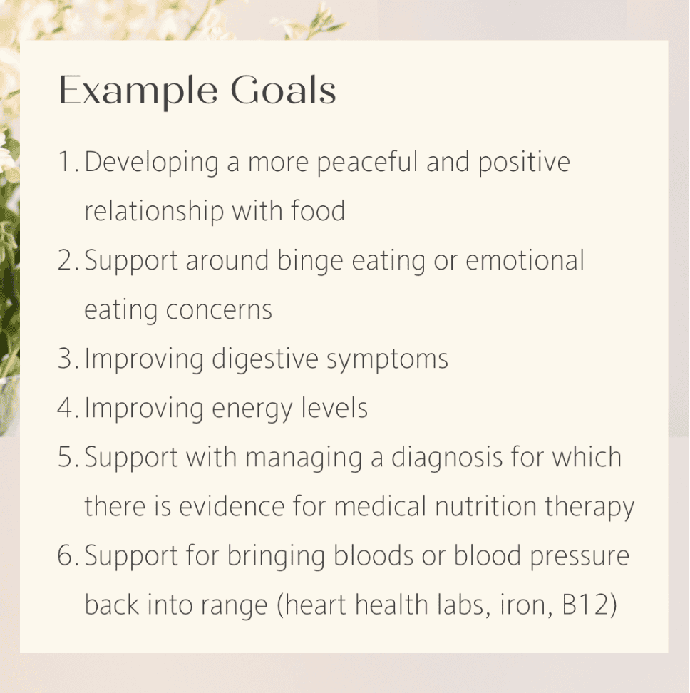 Six example goals listed in a numbered list 