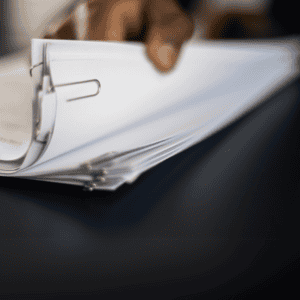 Stack of care plan paperwork with paper clip being leafed through by brown hand