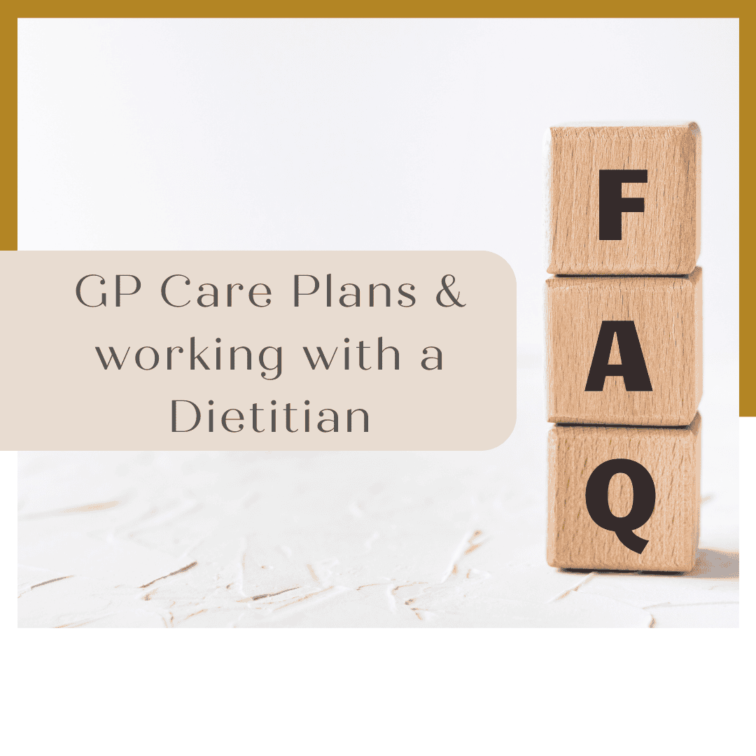 Blocks with F A and Q written on them. Text saying GP care plans and working with a Dietitian to the left of the blocks.