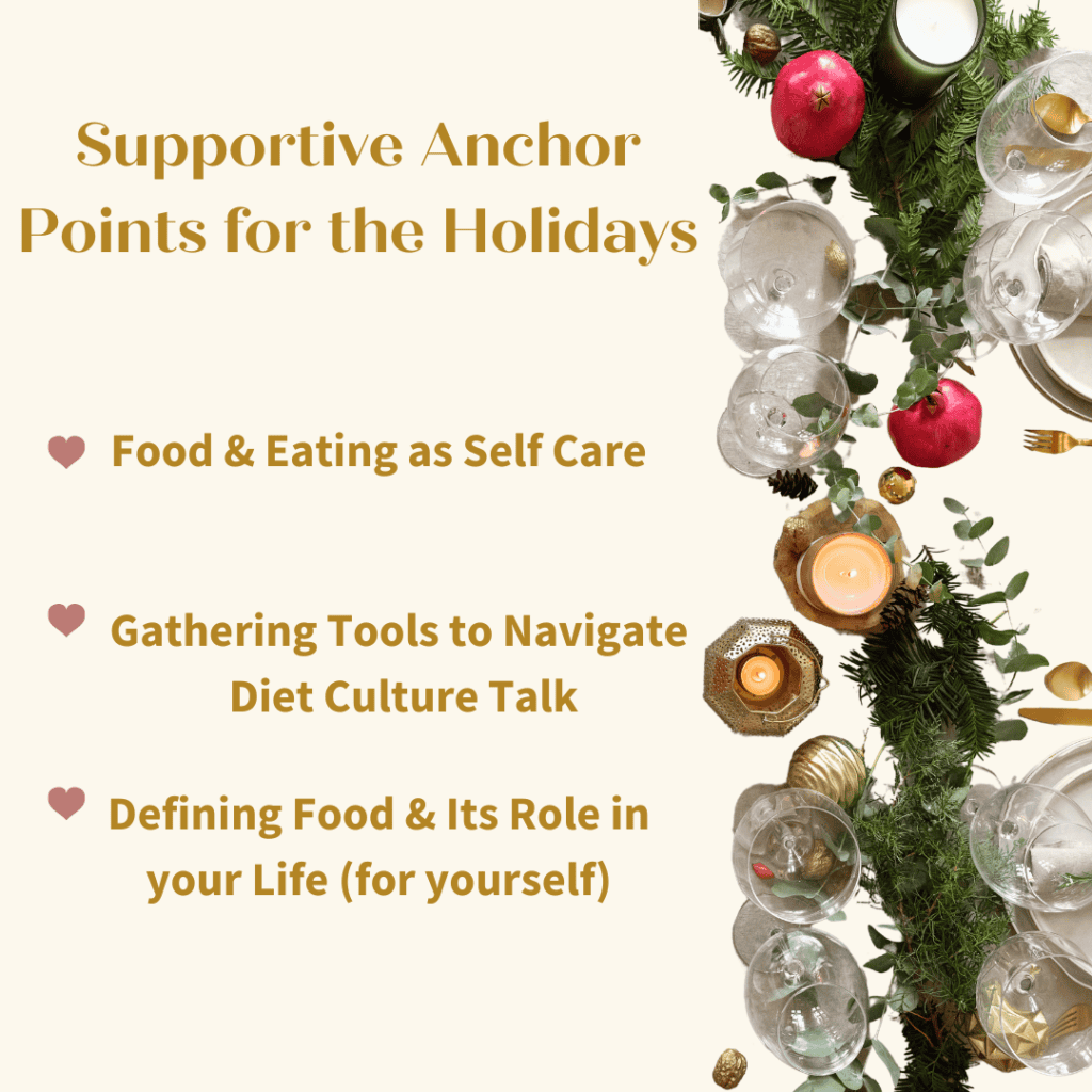 Holiday table setting on the right with list of tips for holiday eating support on the left